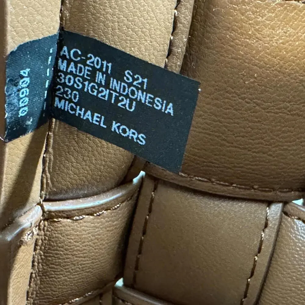Michael Kors Brown Leather Unlined Snap Closure Ivy Medium Woven Tote Bag - Picture 10 of 11